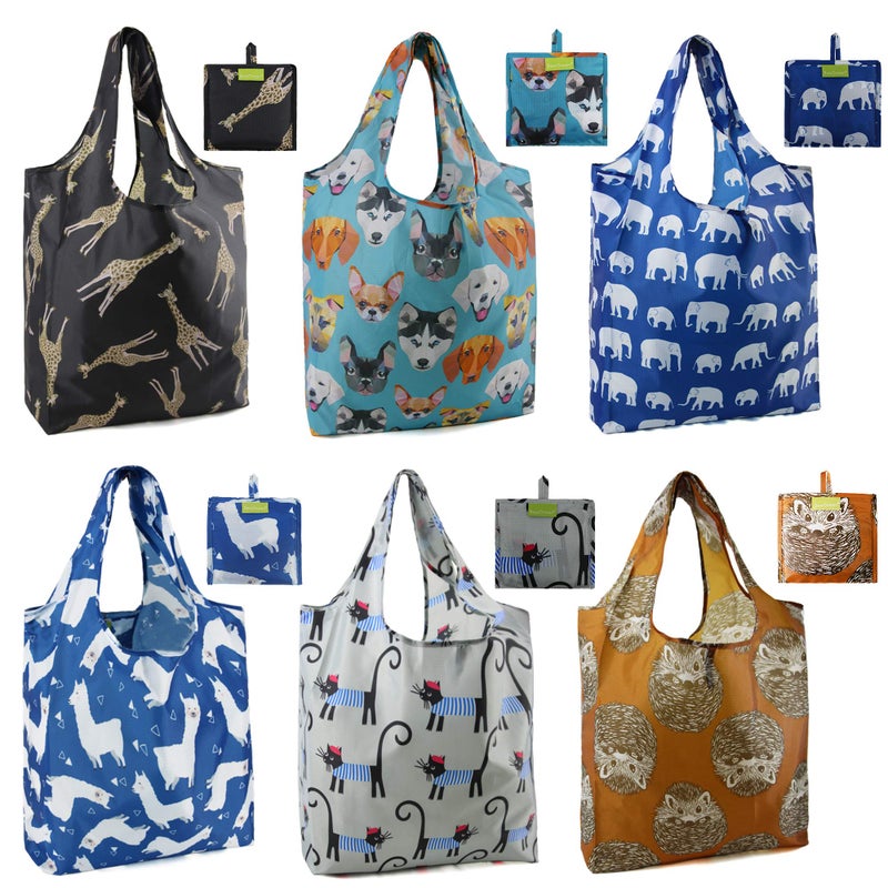 BeeGreen Shopping Bags Cloth Grocery Bags Foldable Travel Bag Tote Bags Bulk - Reusable Gift Bags with Handles (6 Pack) - Heavy Duty Large Washable Animal Holiday Design for Women Travel & Groceriesâ€‹ - Image 1